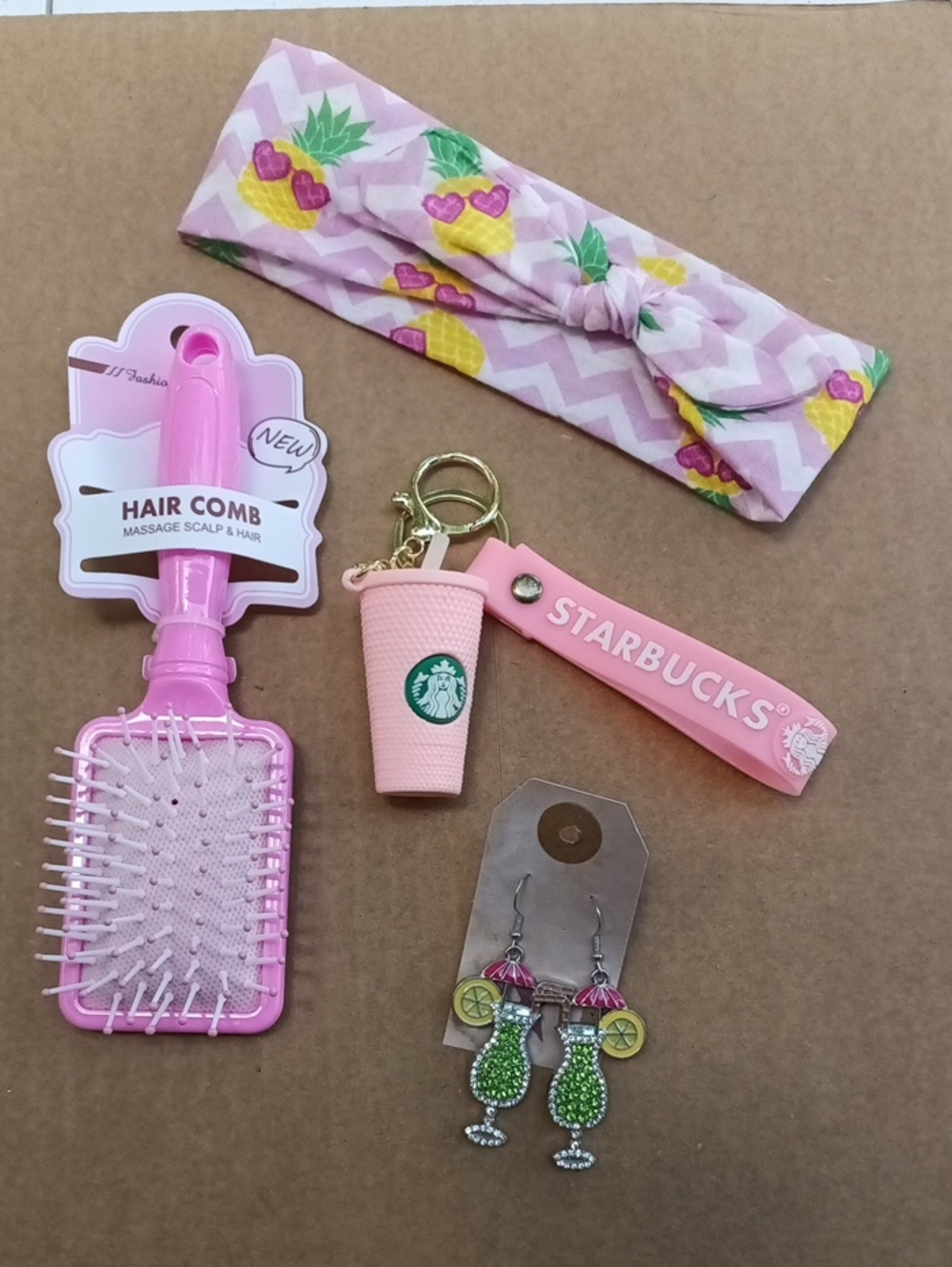 Beauty Self Care Bundle Hairbrush, Hair Band, Starbucks Key Holder, Earrings NWT